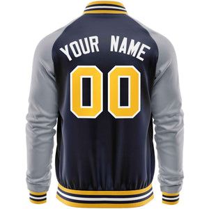 Custom Navy Gray Varsity Full-Zip Raglan Sleeves Letterman Baseball Jacket