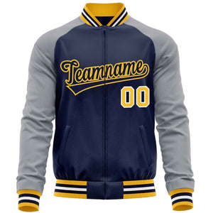 Custom Navy Gray Varsity Full-Zip Raglan Sleeves Letterman Baseball Jacket