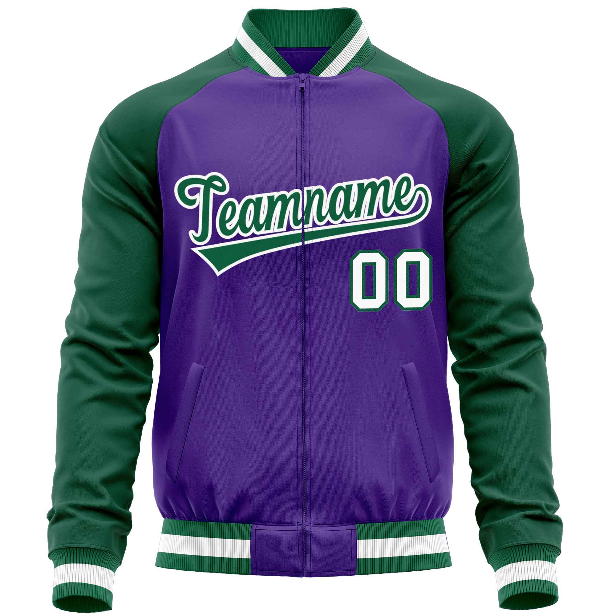 Custom Purple Green Varsity Full-Zip Raglan Sleeves Letterman Baseball Jacket