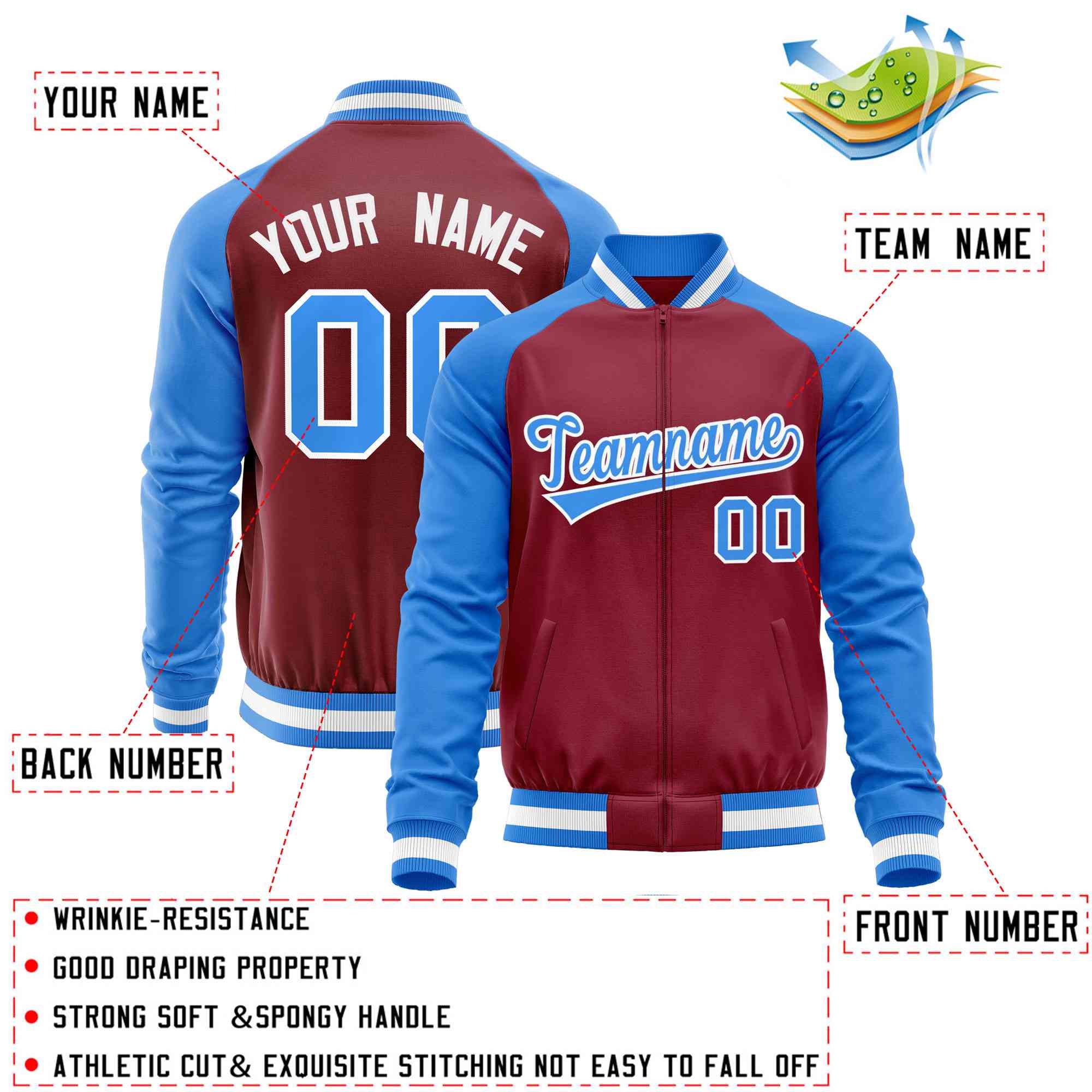 Custom Crimson Powder Blue Varsity Full-Zip Raglan Sleeves Letterman Baseball Jacket