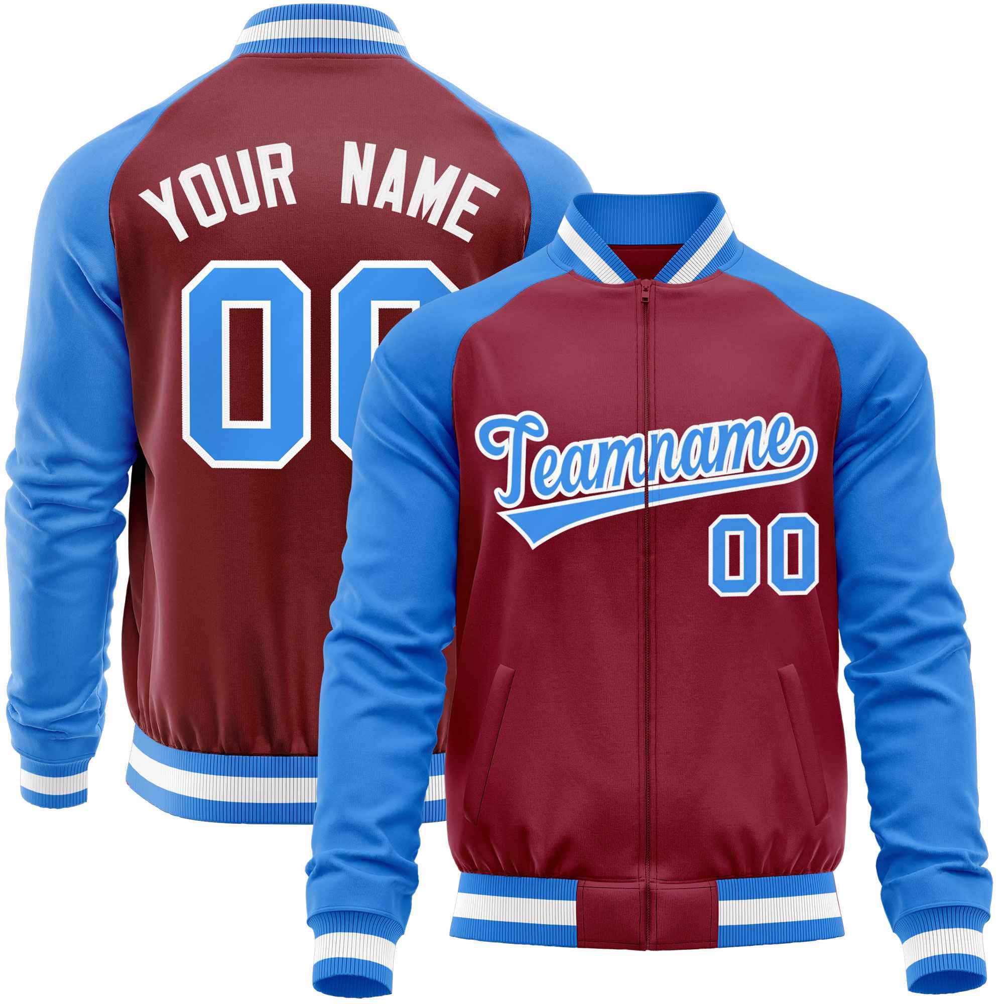 Custom Crimson Powder Blue Varsity Full-Zip Raglan Sleeves Letterman Baseball Jacket