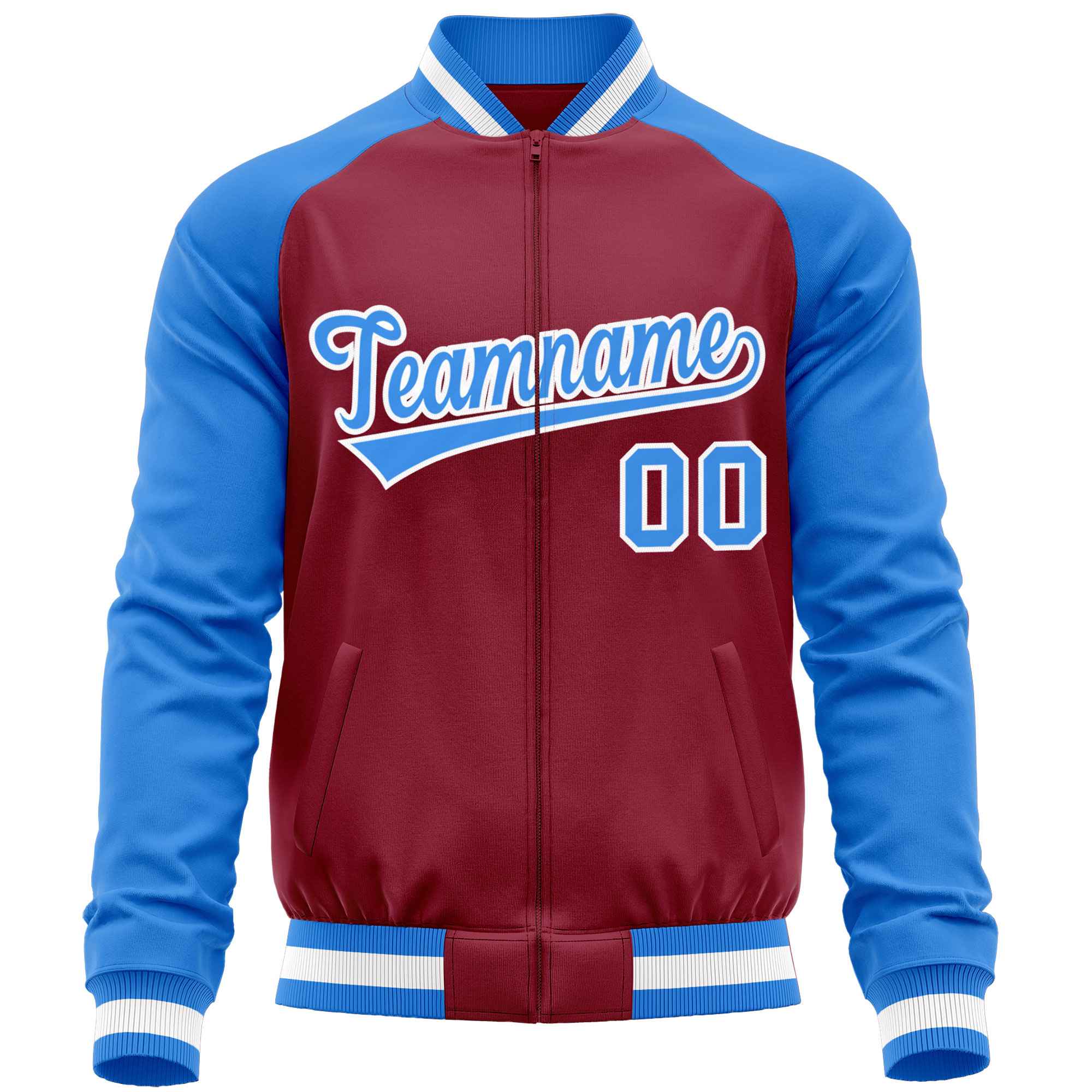 Custom Crimson Powder Blue Varsity Full-Zip Raglan Sleeves Letterman Baseball Jacket