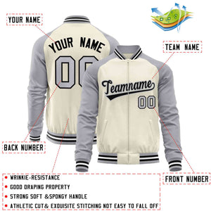 Custom Cream Gray Varsity Full-Zip Raglan Sleeves Letterman Baseball Jacket