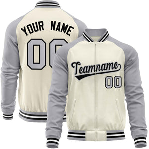 Custom Cream Gray Varsity Full-Zip Raglan Sleeves Letterman Baseball Jacket