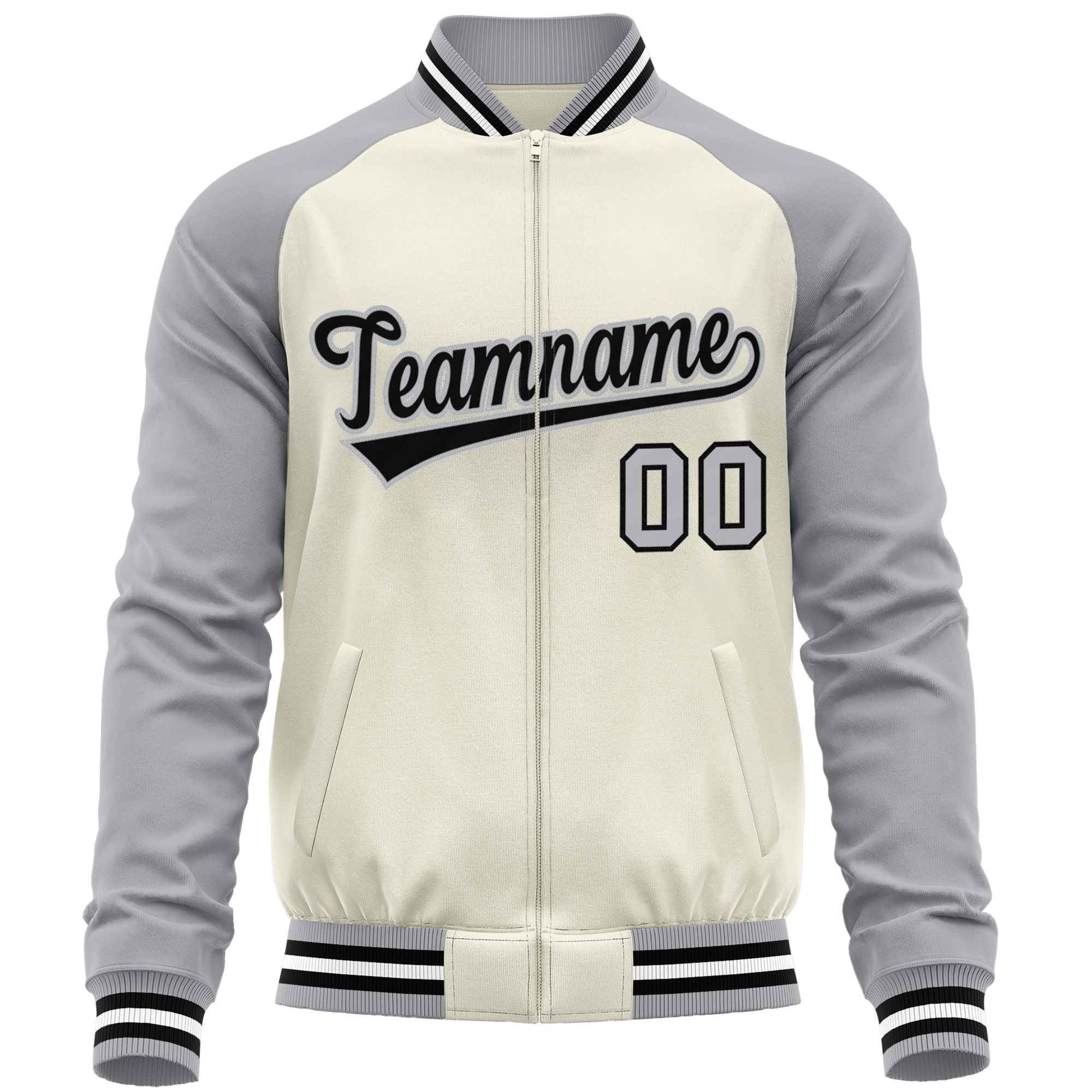 Custom Cream Gray Varsity Full-Zip Raglan Sleeves Letterman Baseball Jacket