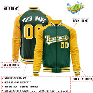 Custom Green Yellow Varsity Full-Zip Raglan Sleeves Letterman Baseball Jacket