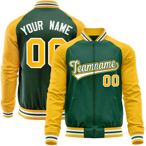 Custom Green Yellow Varsity Full-Zip Raglan Sleeves Letterman Baseball Jacket