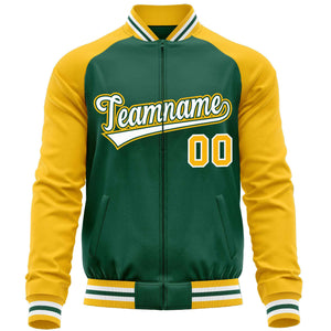Custom Green Yellow Varsity Full-Zip Raglan Sleeves Letterman Baseball Jacket