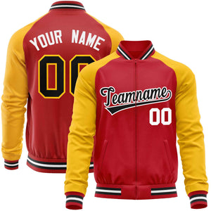 Custom Red Yellow Varsity Full-Zip Raglan Sleeves Letterman Baseball Jacket