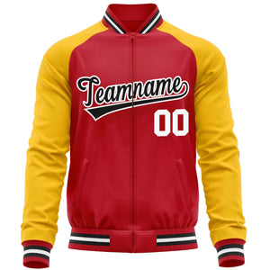 Custom Red Yellow Varsity Full-Zip Raglan Sleeves Letterman Baseball Jacket