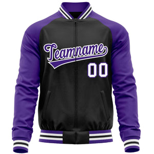 Custom Black Purple Varsity Full-Zip Raglan Sleeves Letterman Baseball Jacket