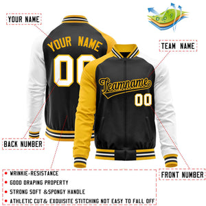 Custom Black White-Yellow Varsity Full-Zip Raglan Sleeves Letterman Baseball Jacket