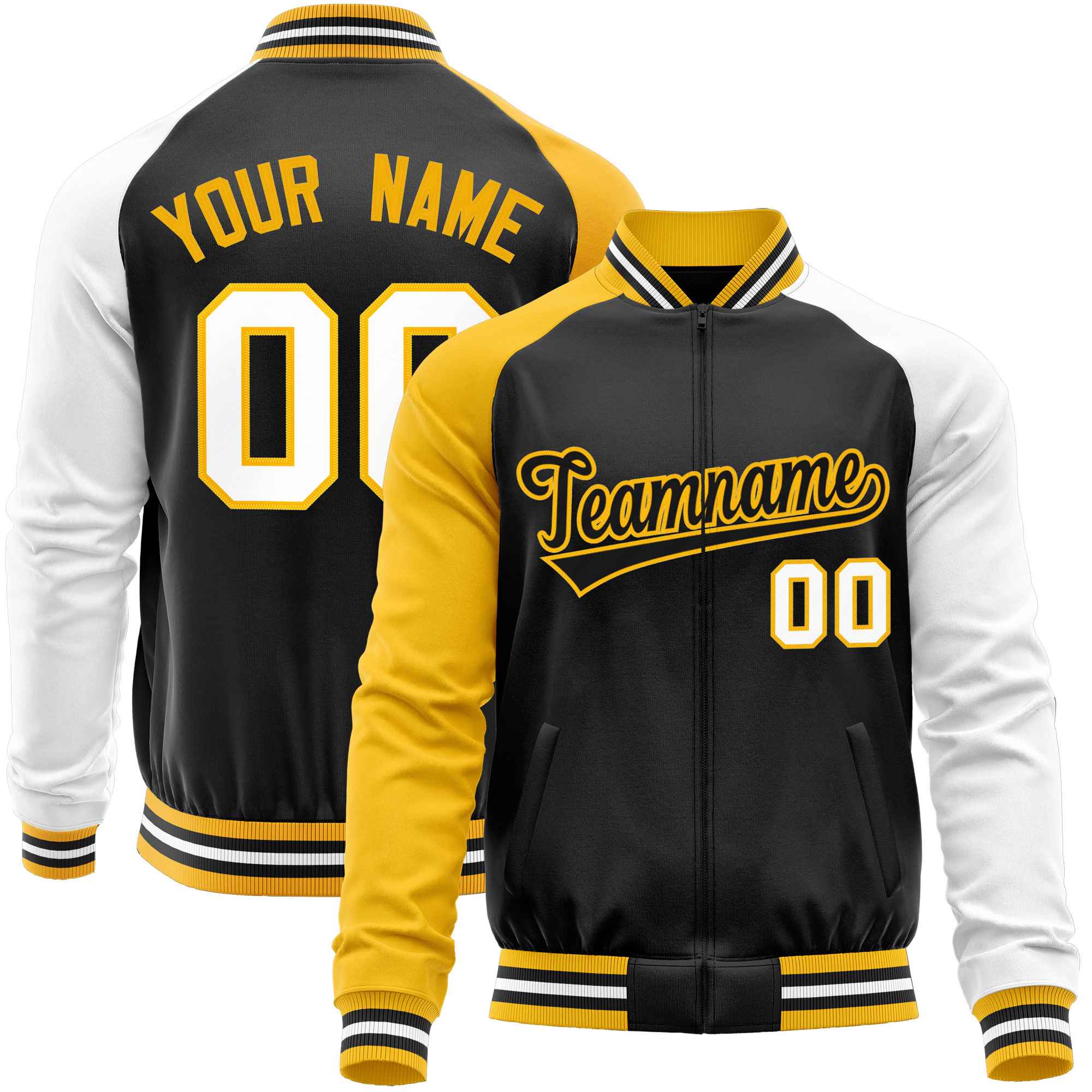 Custom Black White-Yellow Varsity Full-Zip Raglan Sleeves Letterman Baseball Jacket