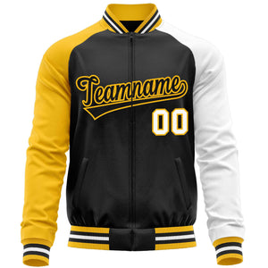 Custom Black White-Yellow Varsity Full-Zip Raglan Sleeves Letterman Baseball Jacket