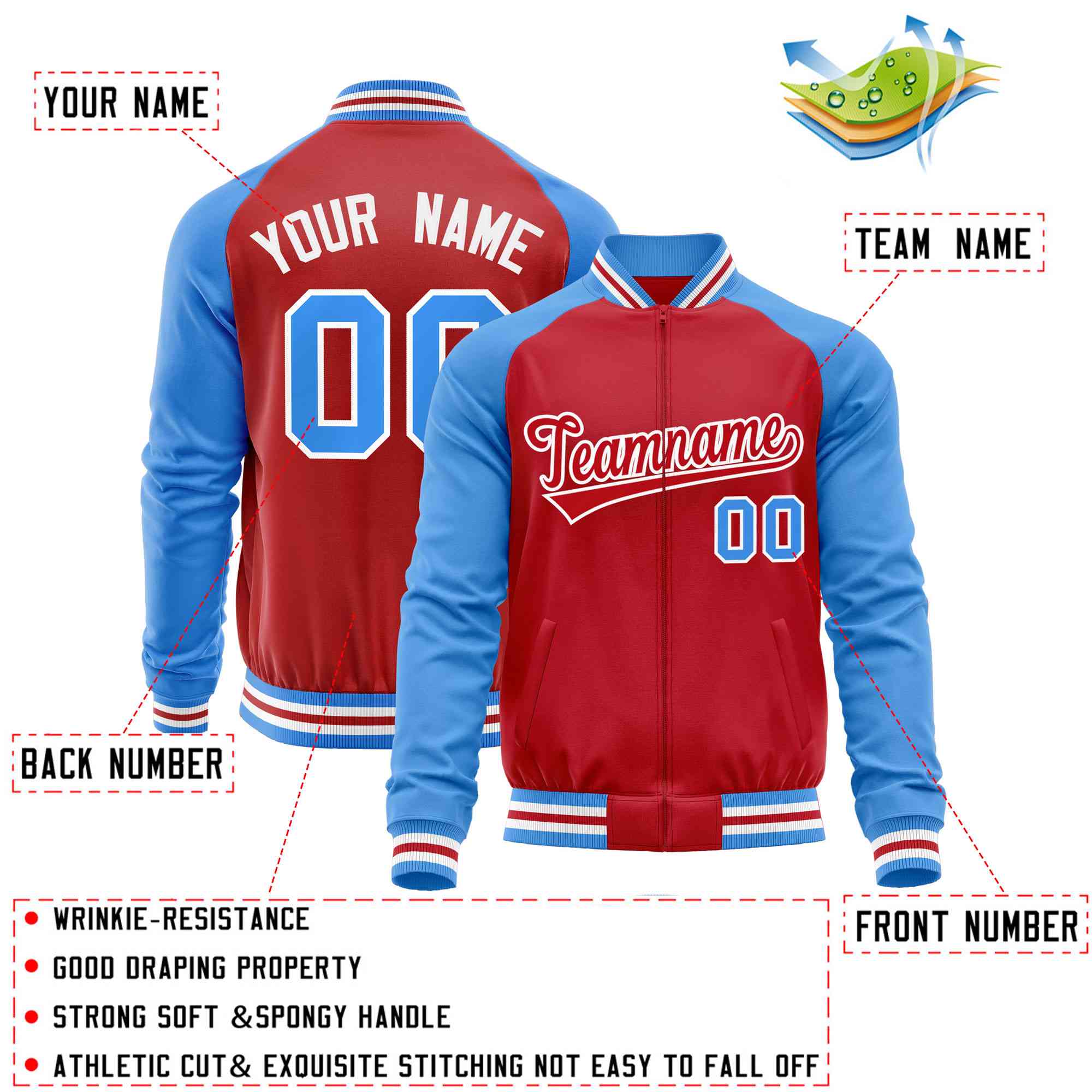 Custom Red Powder Blue Varsity Full-Zip Raglan Sleeves Letterman Baseball Jacket