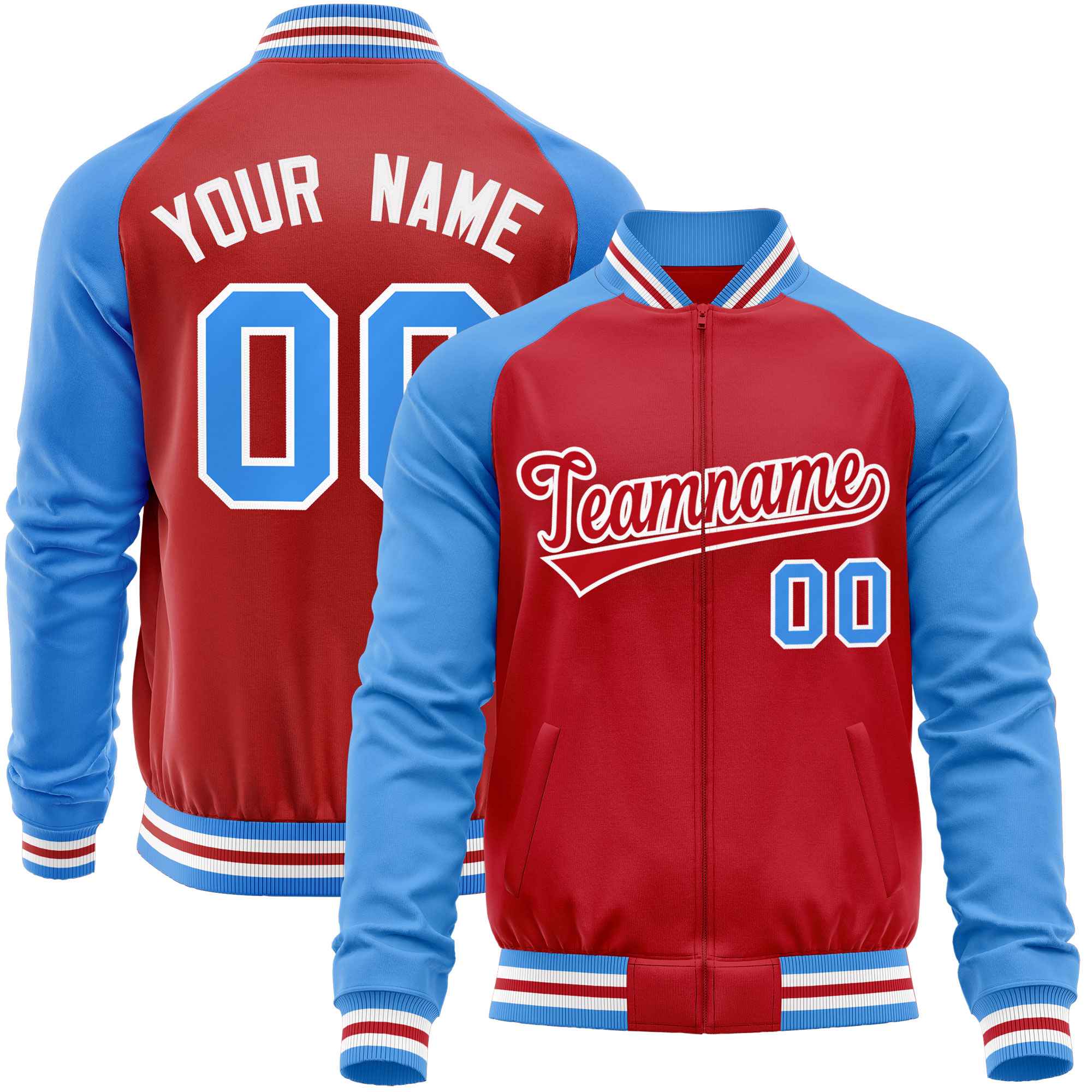 Custom Red Powder Blue Varsity Full-Zip Raglan Sleeves Letterman Baseball Jacket