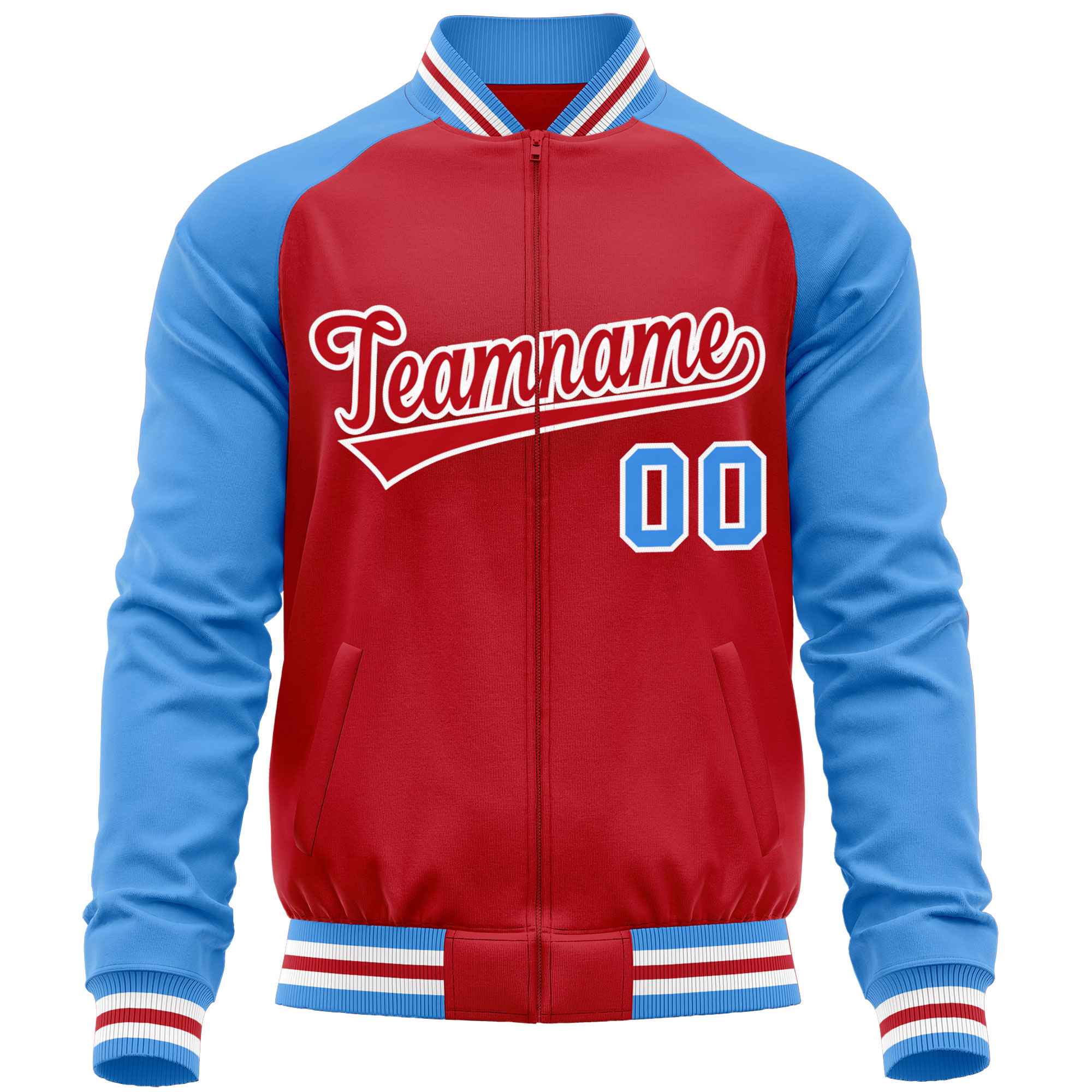 Custom Red Powder Blue Varsity Full-Zip Raglan Sleeves Letterman Baseball Jacket