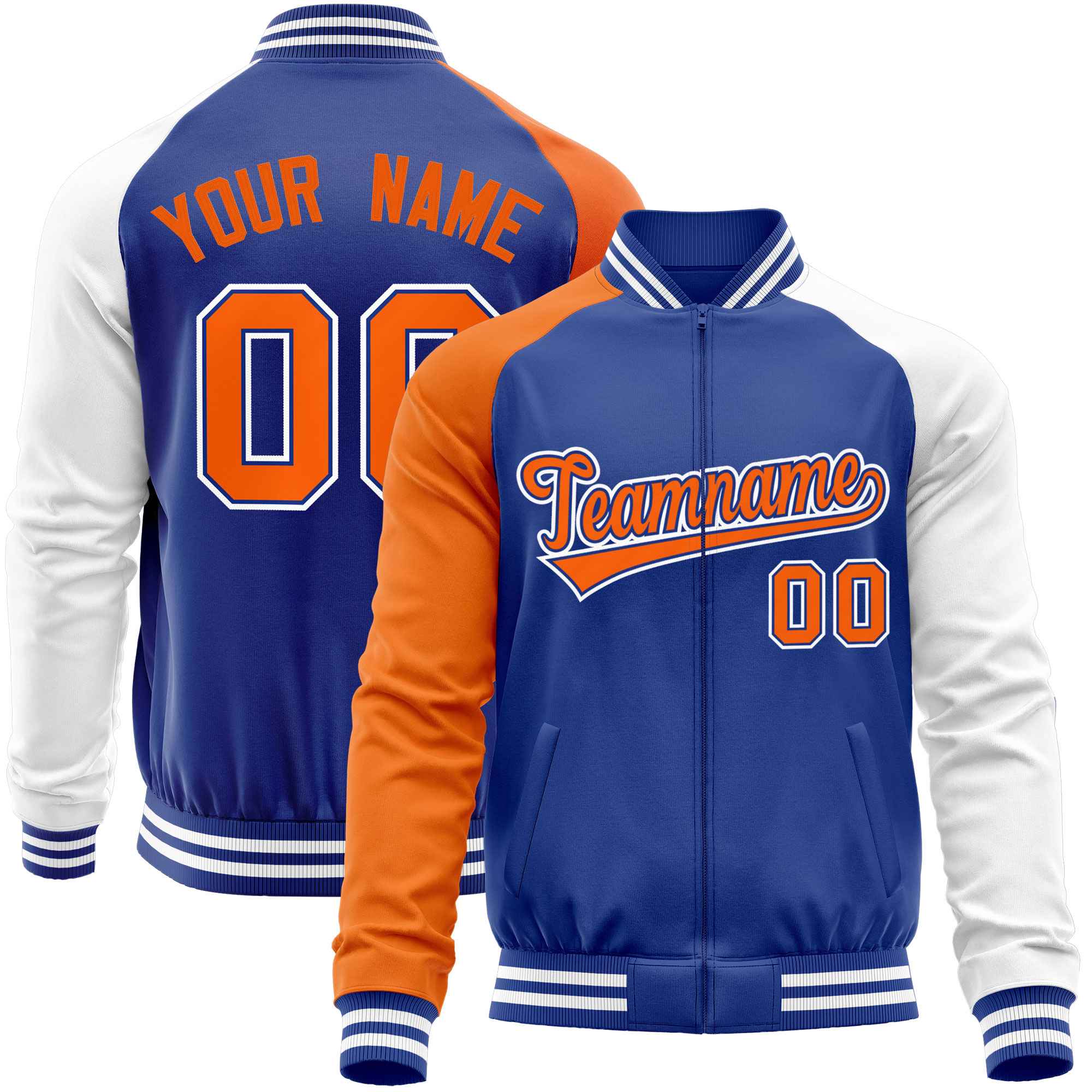 Custom Royal White-Orange Varsity Full-Zip Raglan Sleeves Letterman Baseball Jacket