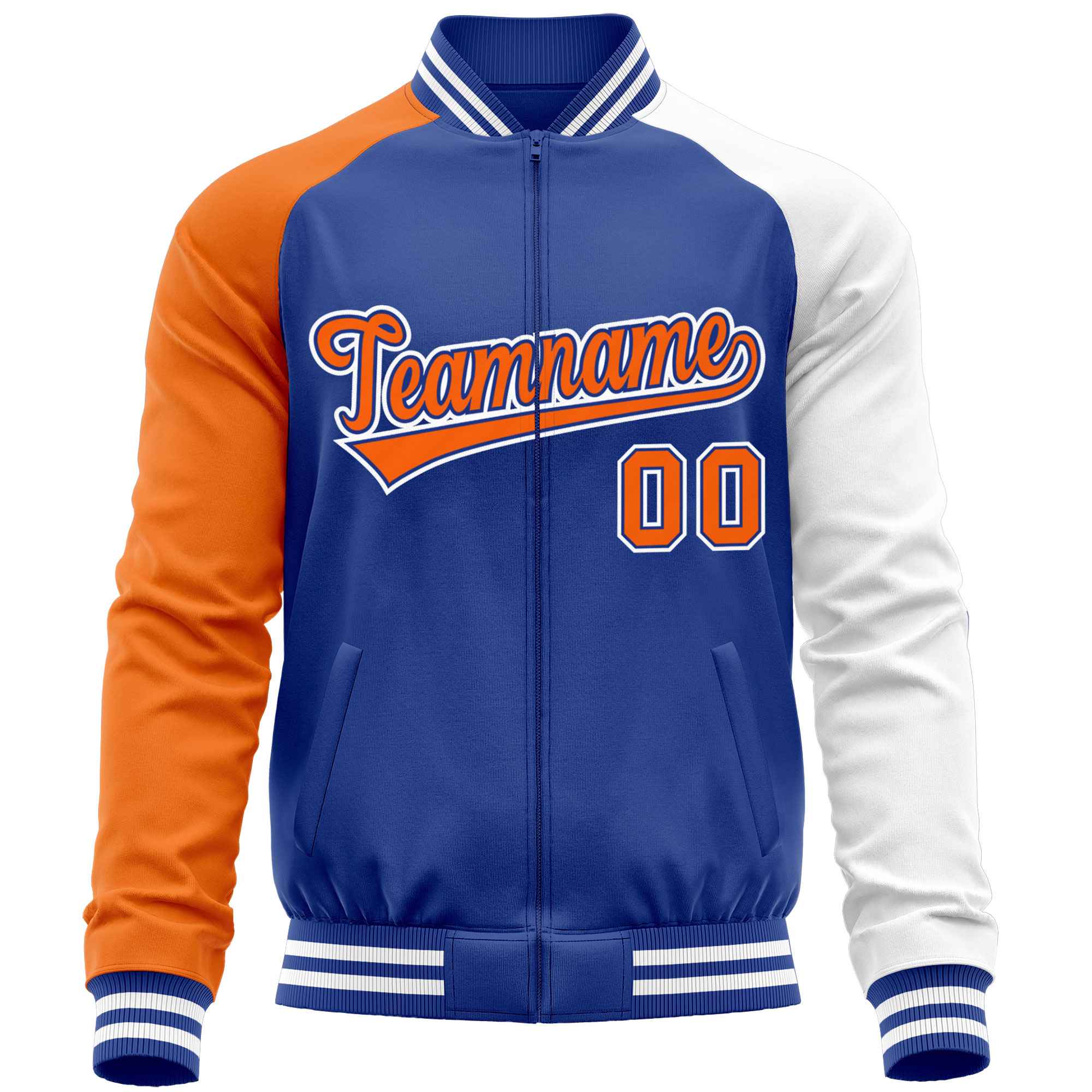 Custom Royal White-Orange Varsity Full-Zip Raglan Sleeves Letterman Baseball Jacket