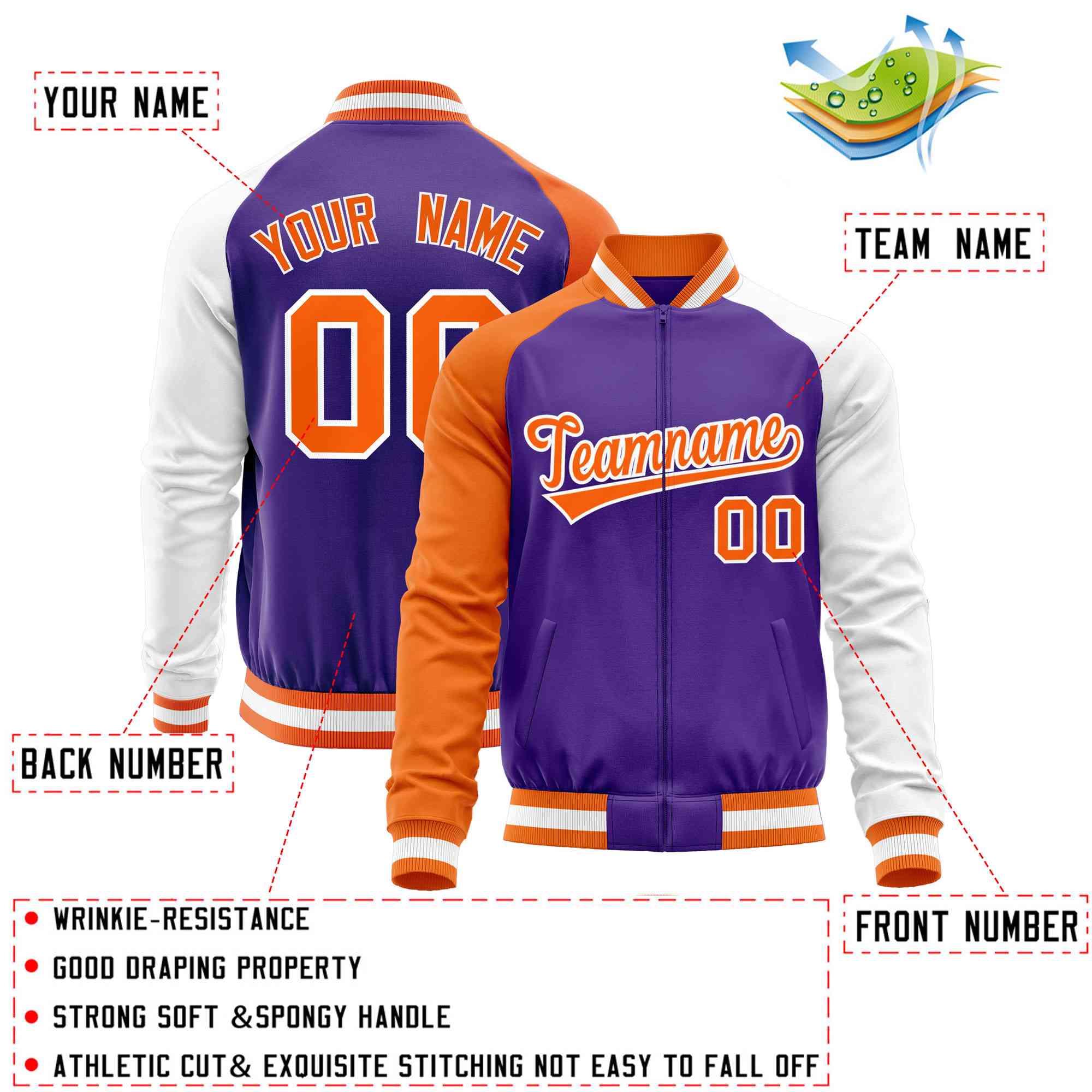 Custom Purple White-Orange Varsity Full-Zip Raglan Sleeves Letterman Baseball Jacket