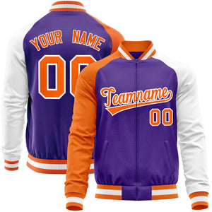 Custom Purple White-Orange Varsity Full-Zip Raglan Sleeves Letterman Baseball Jacket