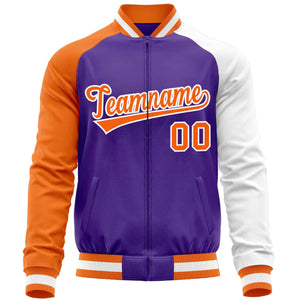 Custom Purple White-Orange Varsity Full-Zip Raglan Sleeves Letterman Baseball Jacket