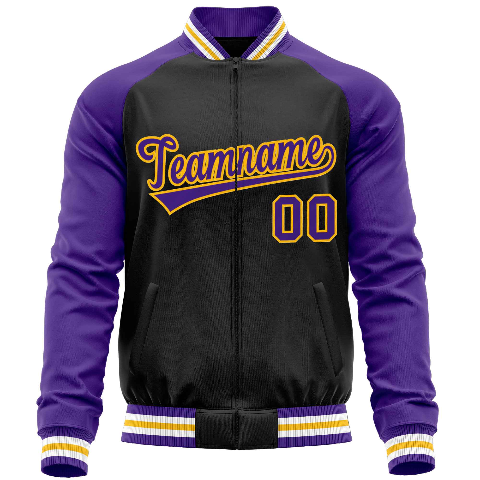 Custom Black Purple Varsity Full-Zip Raglan Sleeves Letterman Baseball Jacket