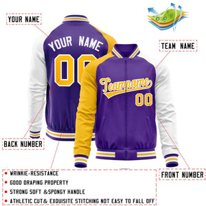 Custom Purple White-Yellow Varsity Full-Zip Raglan Sleeves Letterman Baseball Jacket