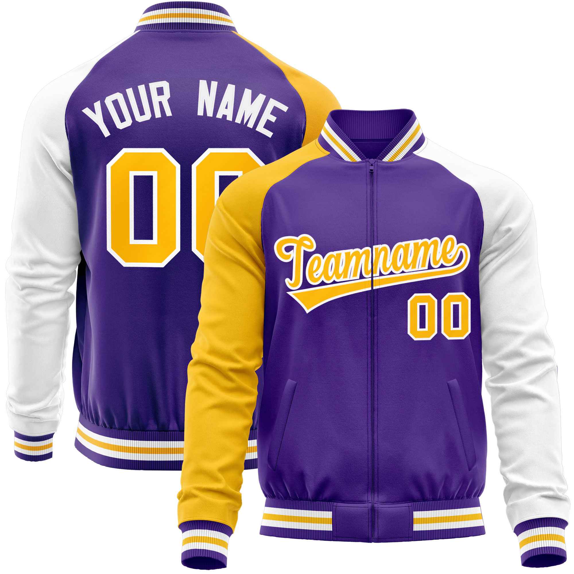 Custom Purple White-Yellow Varsity Full-Zip Raglan Sleeves Letterman Baseball Jacket