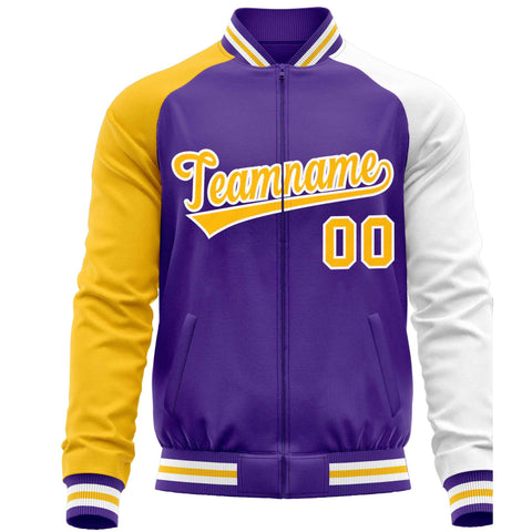 Custom Purple White-Yellow Varsity Full-Zip Raglan Sleeves Letterman Baseball Jacket