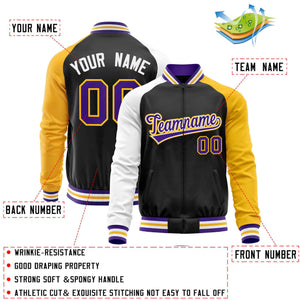 Custom Black Yellow-White Varsity Full-Zip Raglan Sleeves Letterman Baseball Jacket