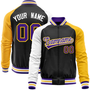 Custom Black Yellow-White Varsity Full-Zip Raglan Sleeves Letterman Baseball Jacket