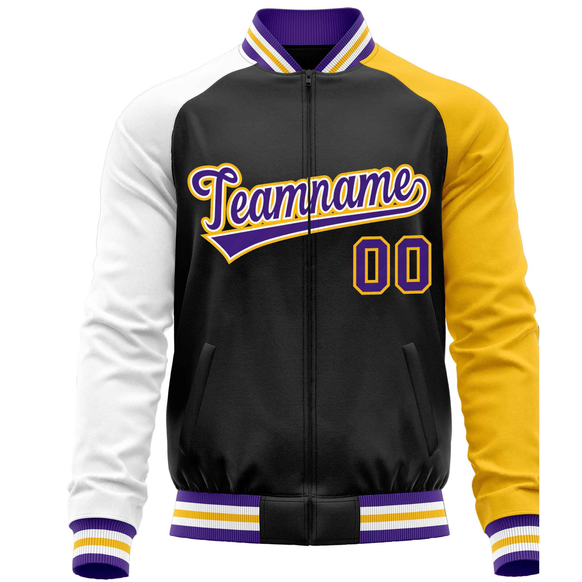 Custom Black Yellow-White Varsity Full-Zip Raglan Sleeves Letterman Baseball Jacket