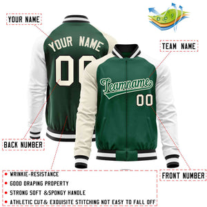 Custom Green White-Cream Varsity Full-Zip Raglan Sleeves Letterman Baseball Jacket