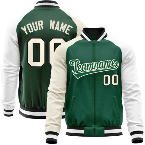 Custom Green White-Cream Varsity Full-Zip Raglan Sleeves Letterman Baseball Jacket