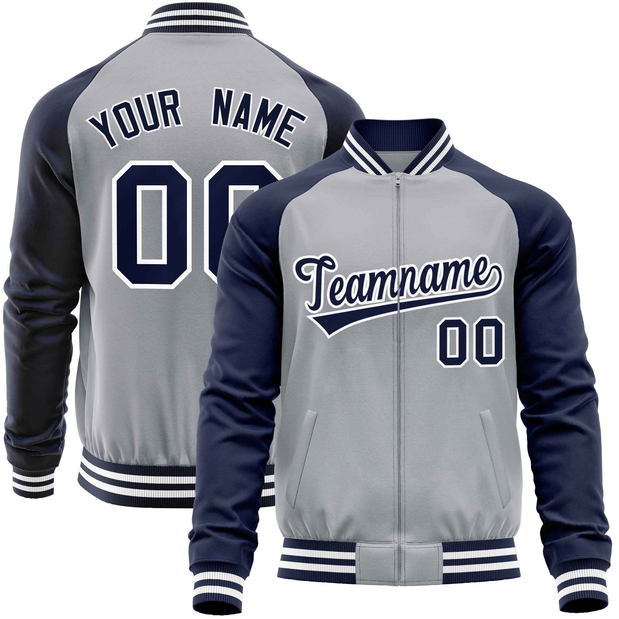 Custom Light Gray Navy Varsity Full-Zip Raglan Sleeves Letterman Baseball Jacket