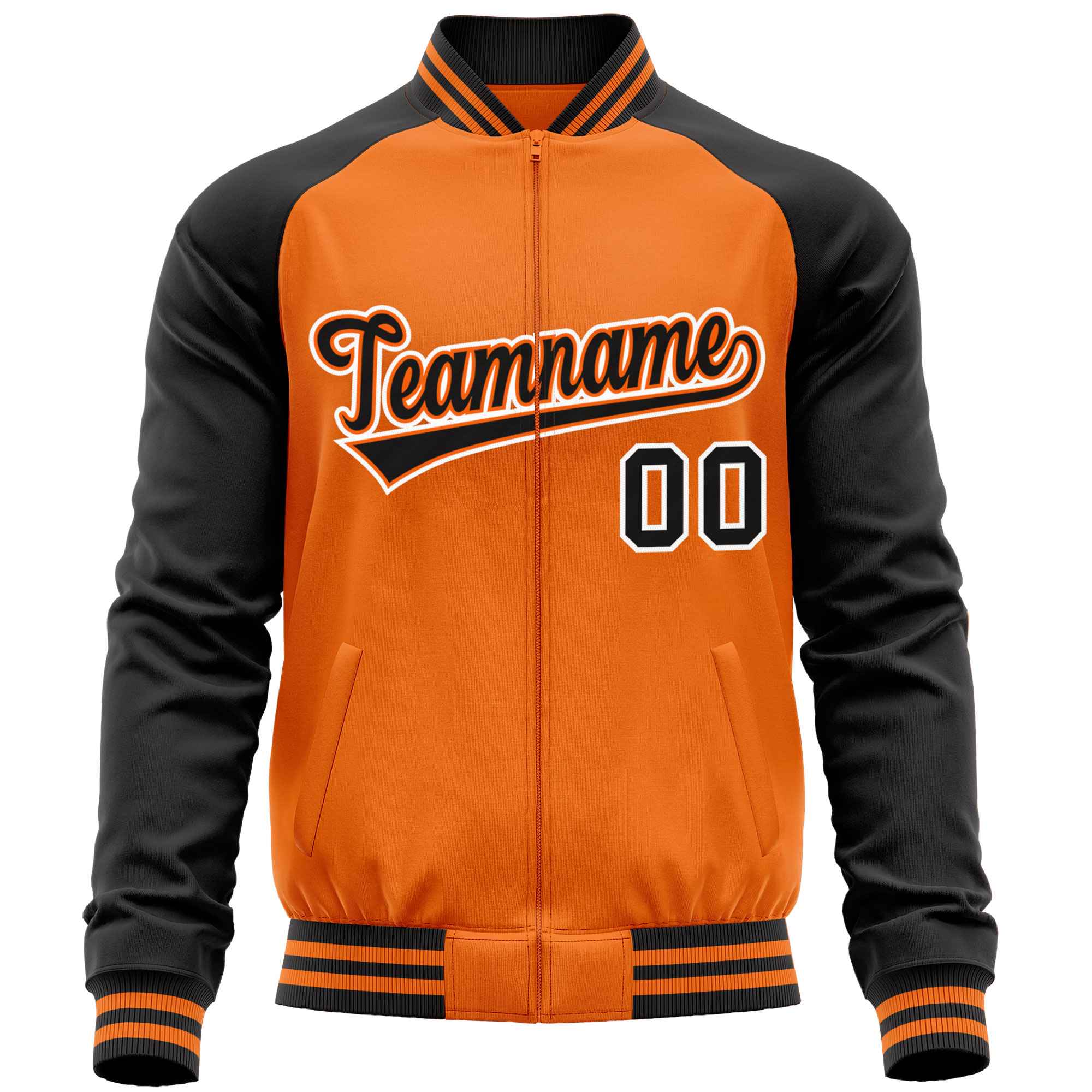 Custom Orange Black Varsity Full-Zip Raglan Sleeves Letterman Baseball Jacket