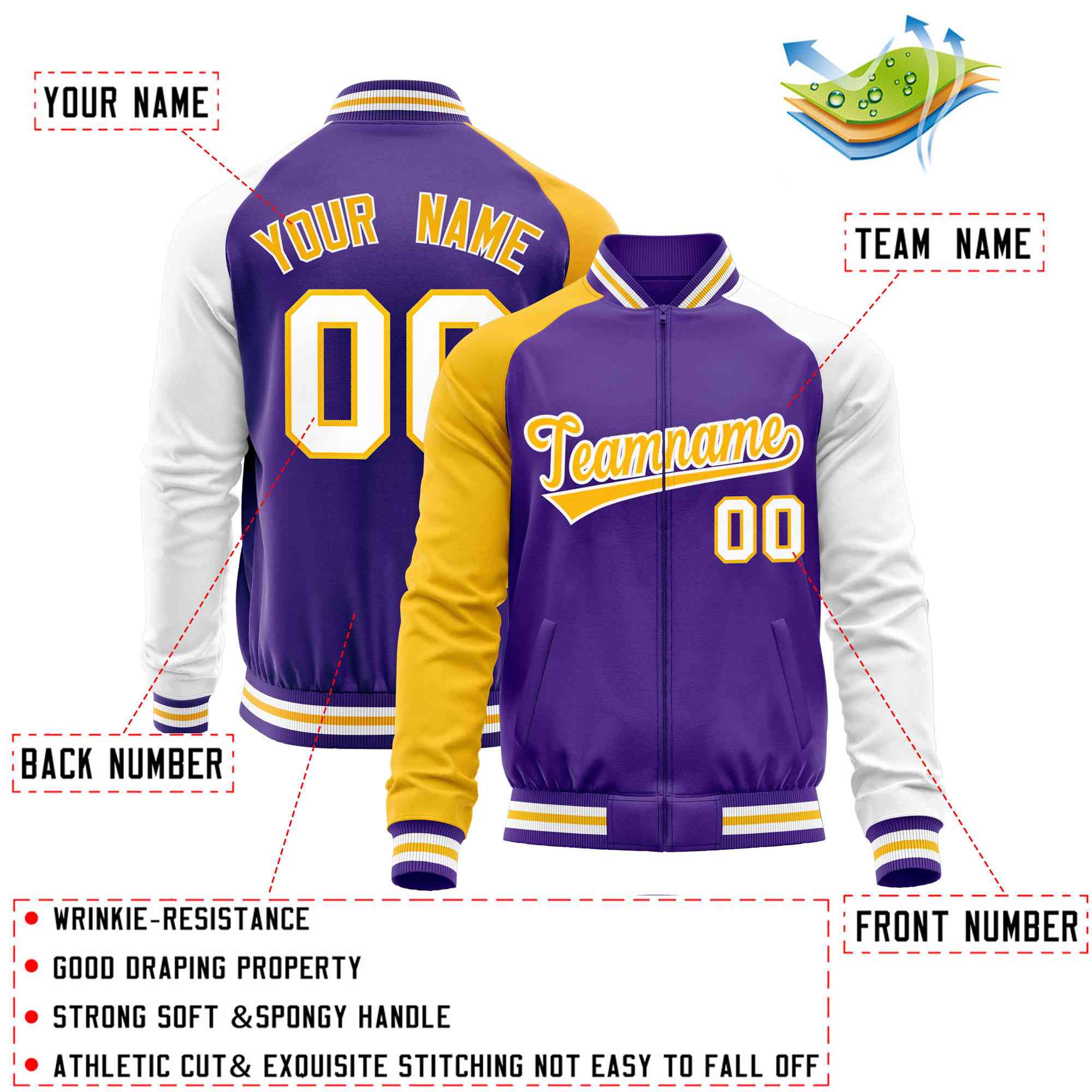 Custom Purple White-Yellow Varsity Full-Zip Raglan Sleeves Letterman Baseball Jacket