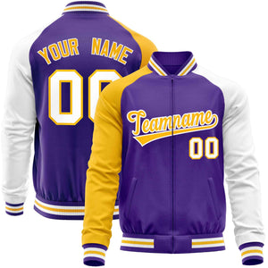 Custom Purple White-Yellow Varsity Full-Zip Raglan Sleeves Letterman Baseball Jacket