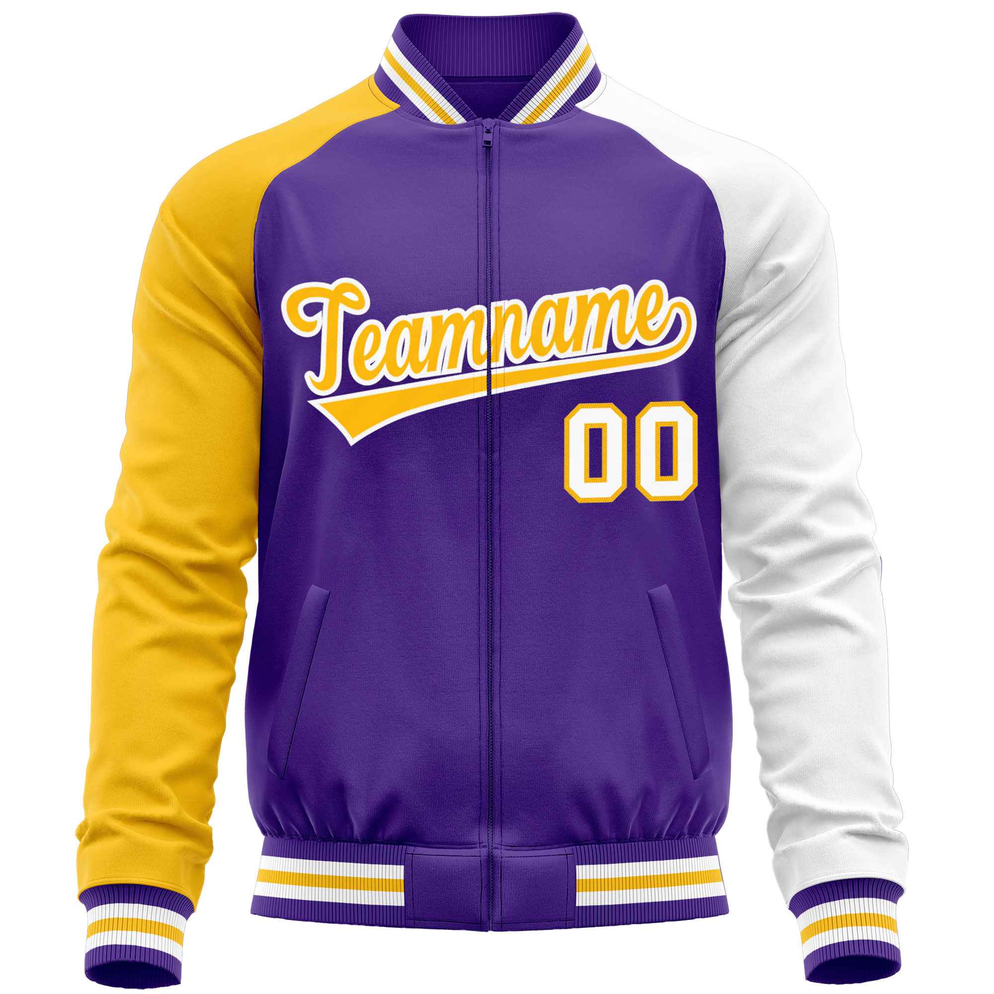 Custom Purple White-Yellow Varsity Full-Zip Raglan Sleeves Letterman Baseball Jacket