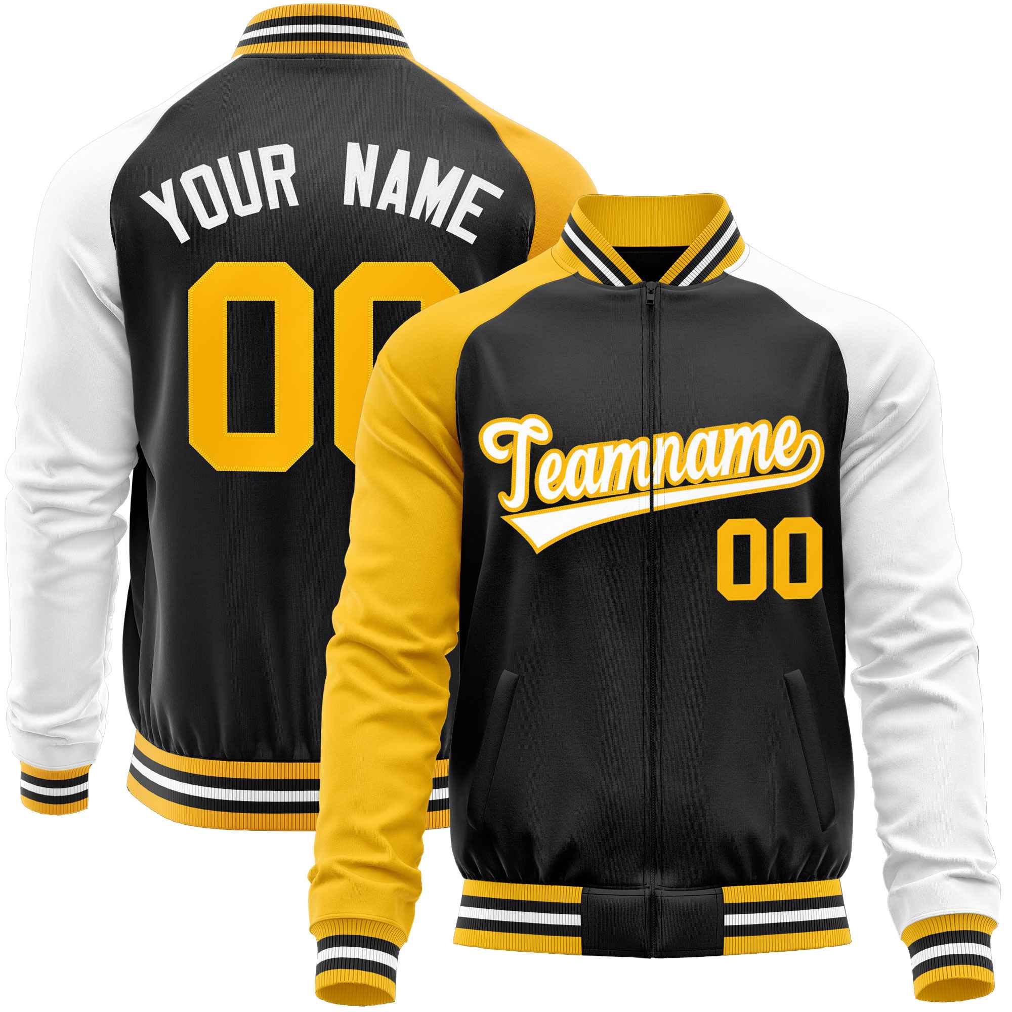 Custom Black White-Yellow Varsity Full-Zip Raglan Sleeves Letterman Baseball Jacket