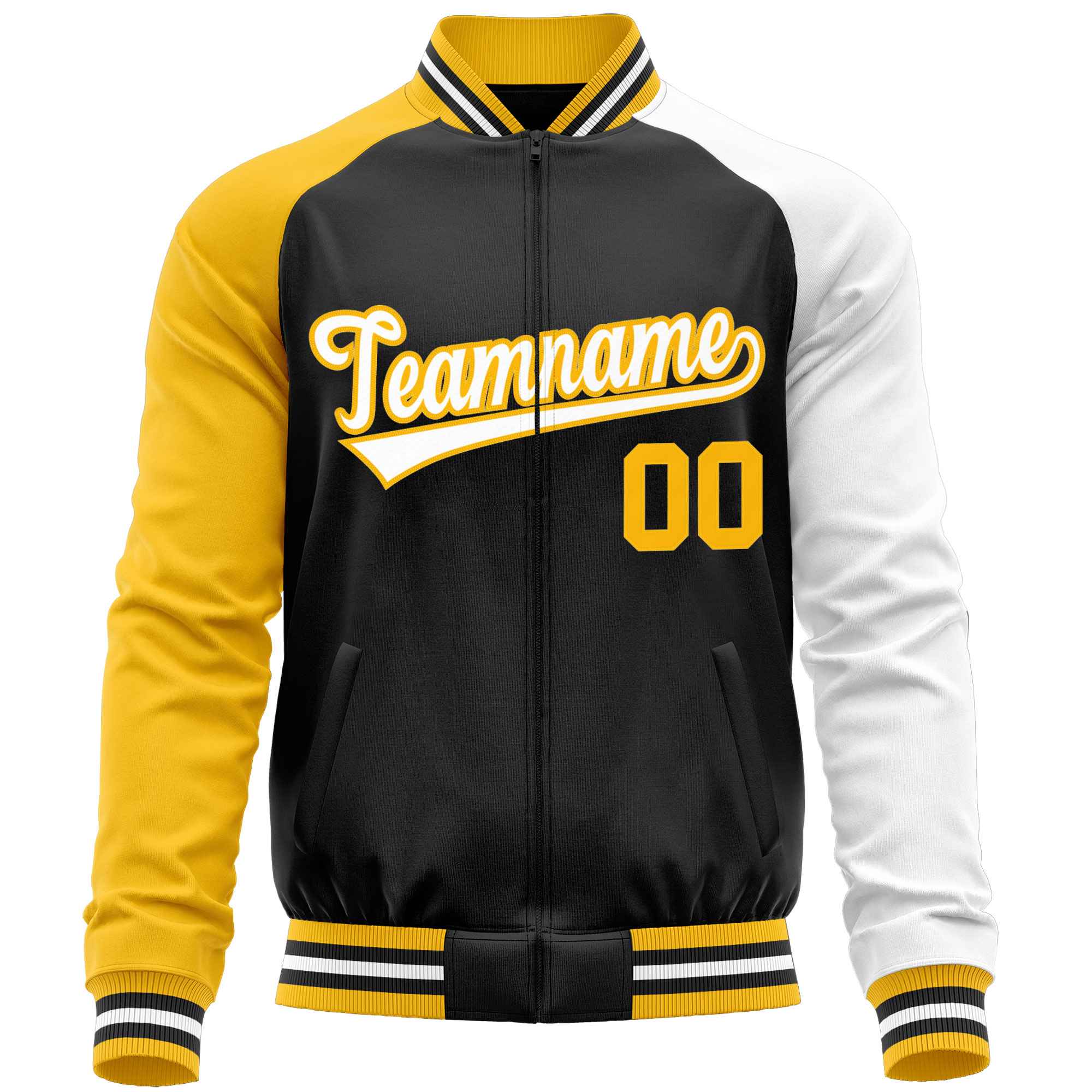 Custom Black White-Yellow Varsity Full-Zip Raglan Sleeves Letterman Baseball Jacket