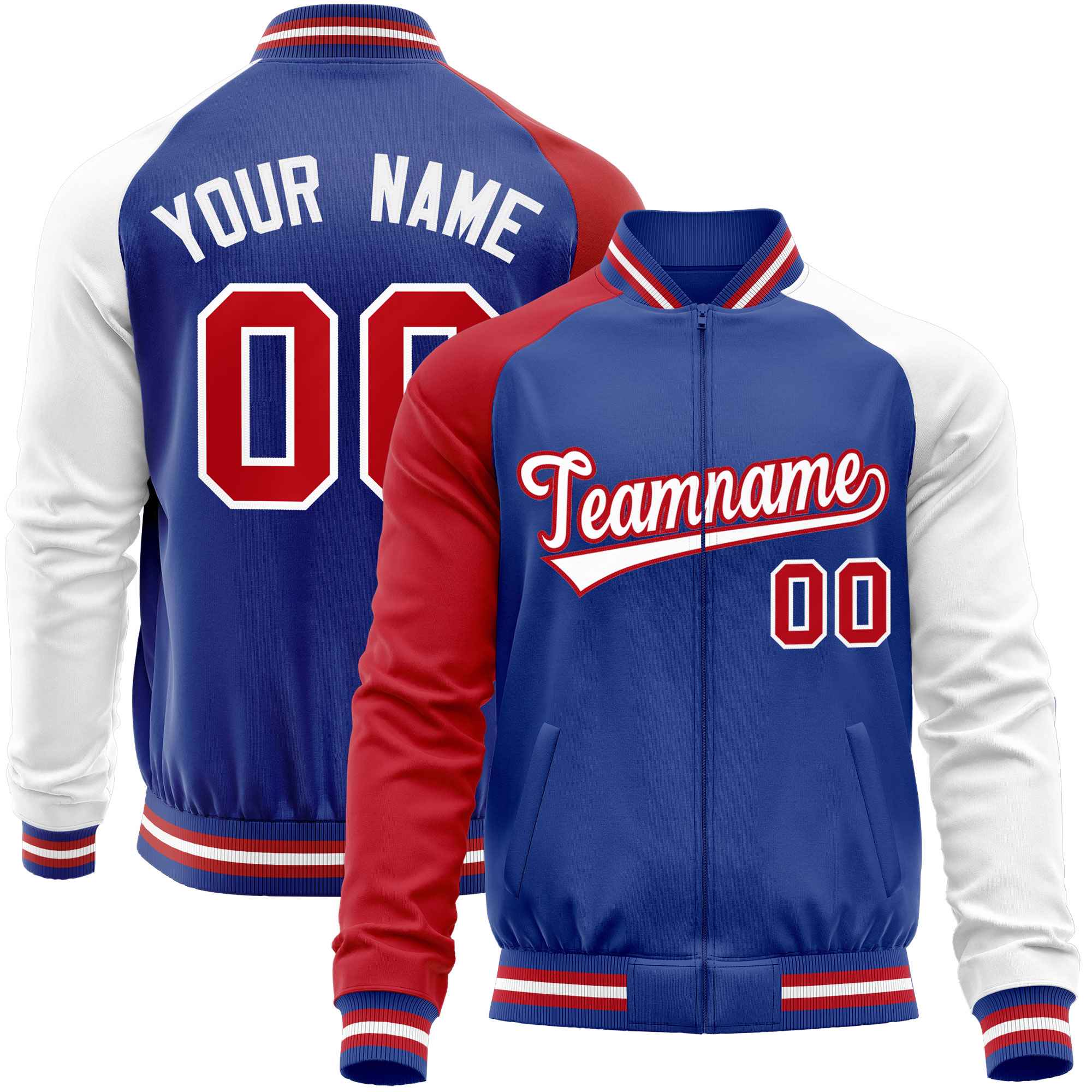 Custom Royal White-Red Varsity Full-Zip Raglan Sleeves Letterman Baseball Jacket