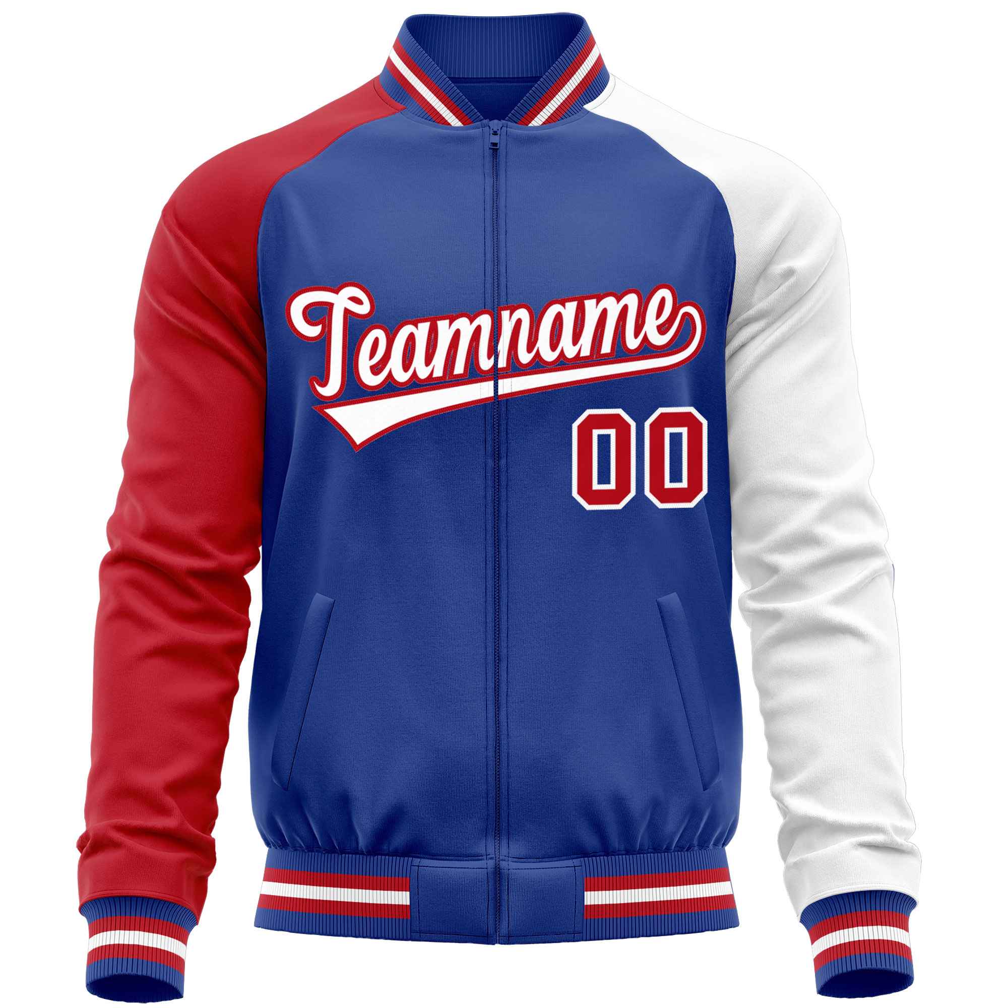 Custom Royal White-Red Varsity Full-Zip Raglan Sleeves Letterman Baseball Jacket