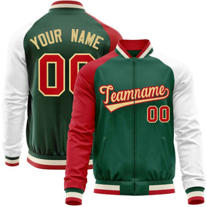 Custom Green White-Red Varsity Full-Zip Raglan Sleeves Letterman Baseball Jacket