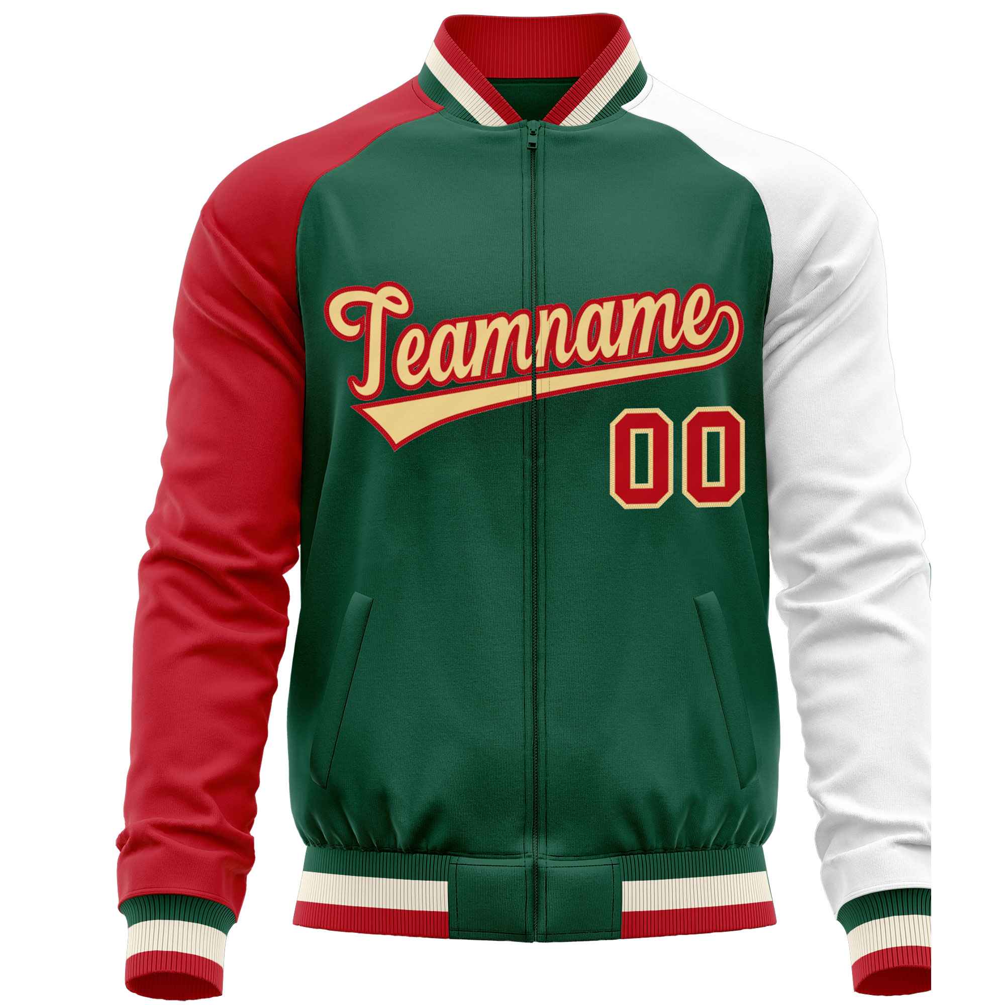 Custom Green White-Red Varsity Full-Zip Raglan Sleeves Letterman Baseball Jacket