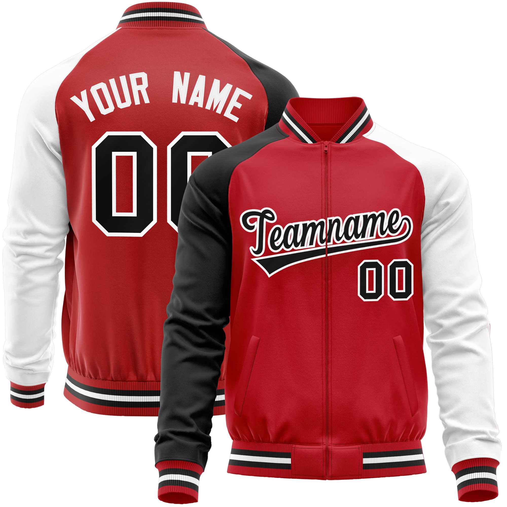 Custom Red White-Black Varsity Full-Zip Raglan Sleeves Letterman Baseball Jacket