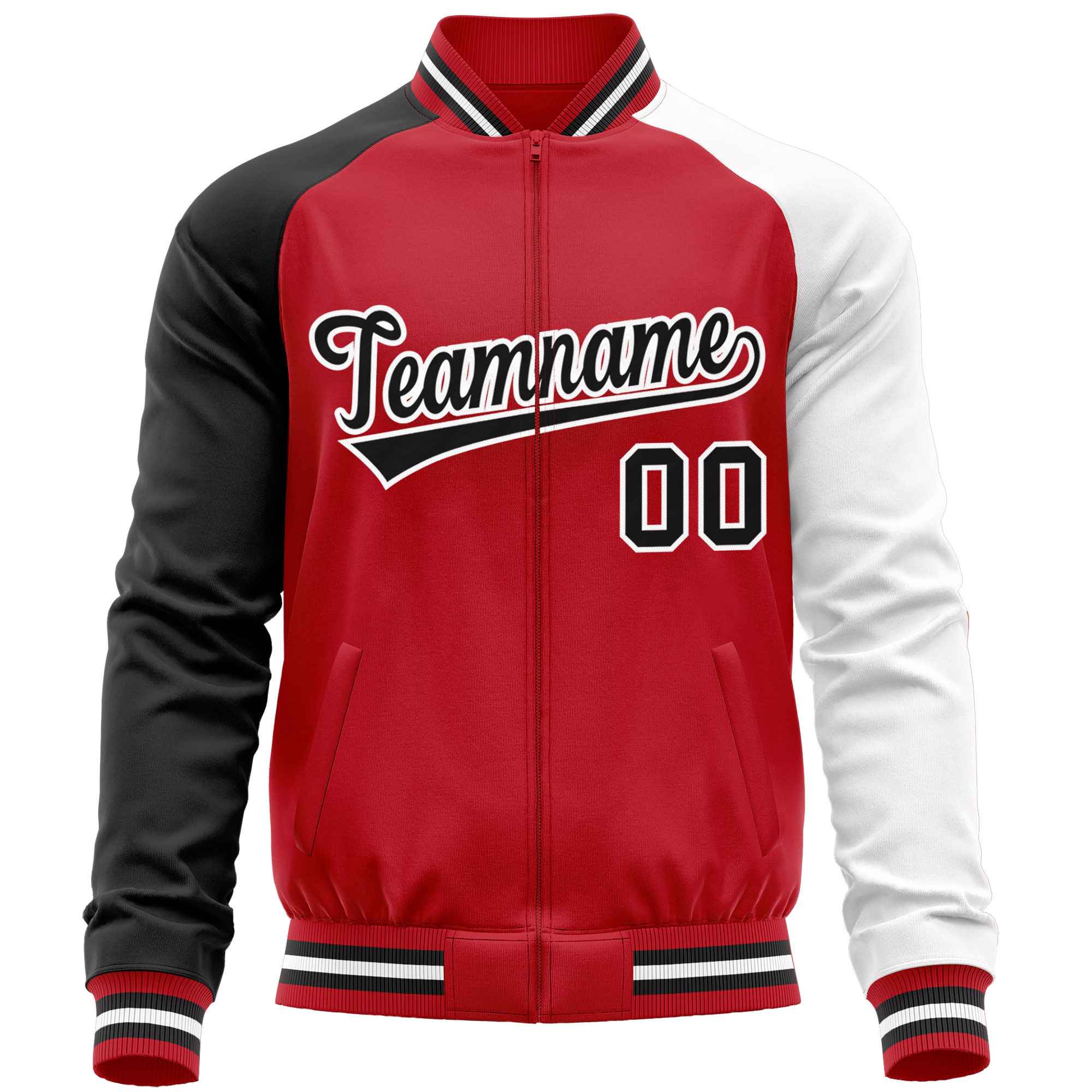 Custom Red White-Black Varsity Full-Zip Raglan Sleeves Letterman Baseball Jacket