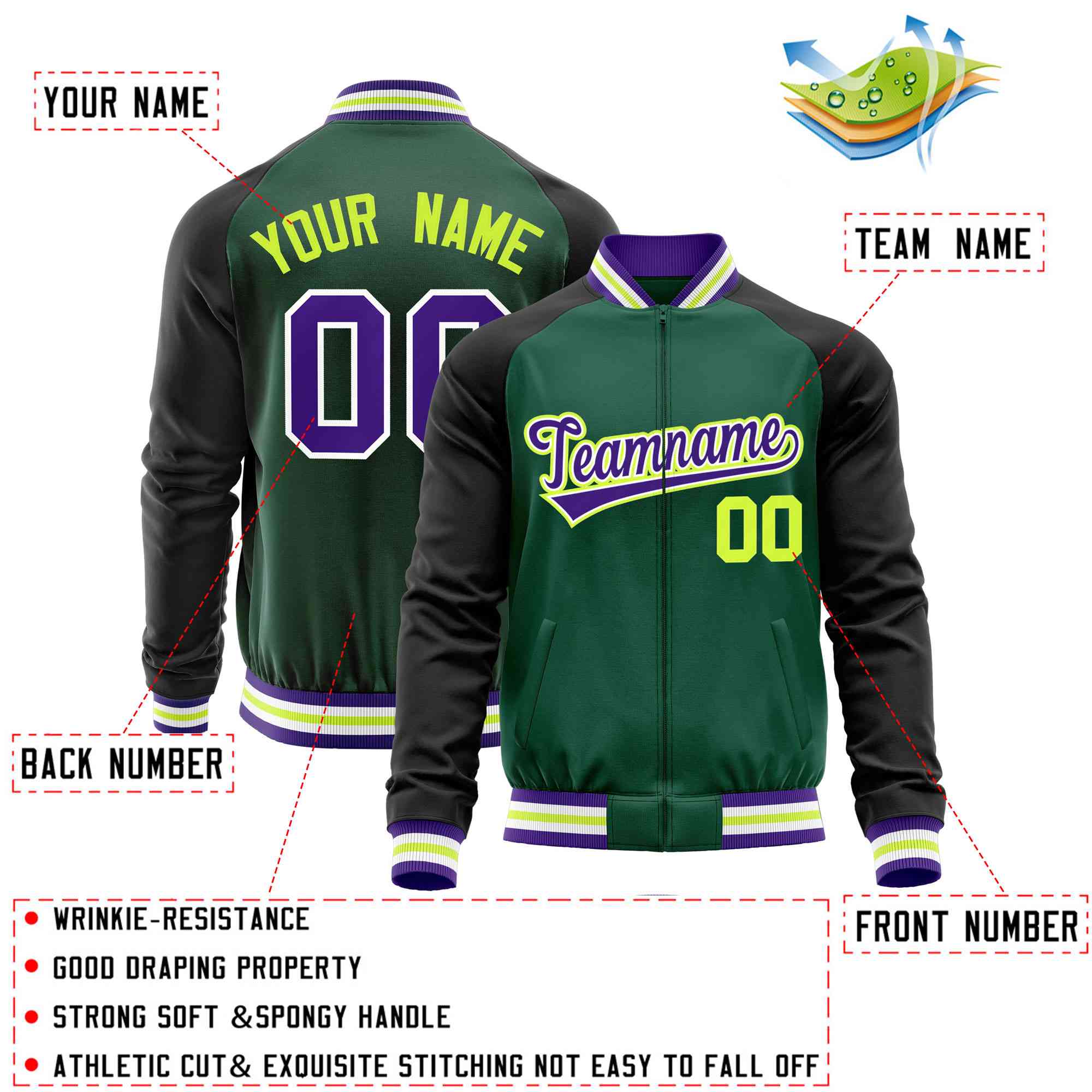 Custom Green Black Varsity Full-Zip Raglan Sleeves Letterman Baseball Jacket