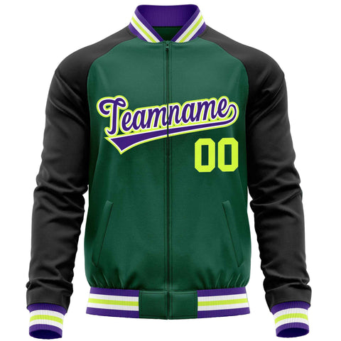 Custom Green Black Varsity Full-Zip Raglan Sleeves Letterman Baseball Jacket